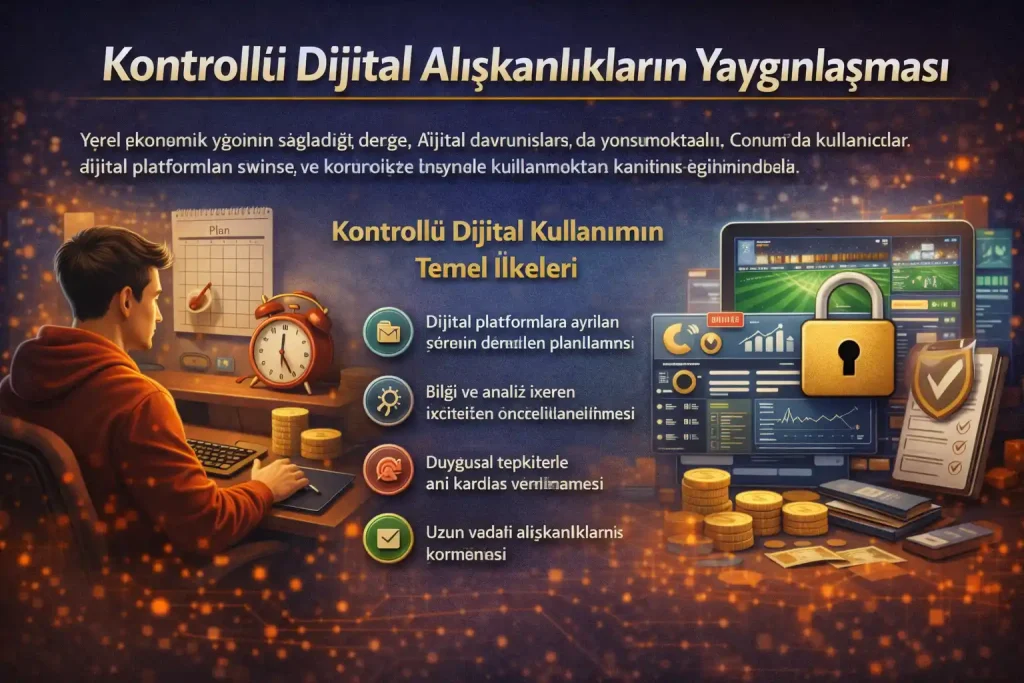 Zaman ve bütçe planlaması yapan bir kullanıcının dijital ortamda kontrollü ve bilinçli şekilde içerik tüketmesini simgeleyen görsel; saat, planlama araçları ve analiz ekranları yer alır